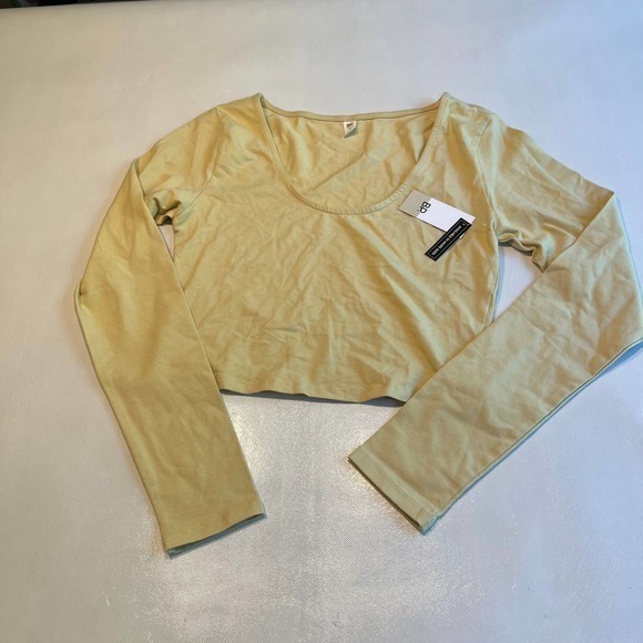 BP Crop Top‎ Long Sleeve Organic Cotton Blend Scoop Neck Beige Womens M - Picture 1 of 9